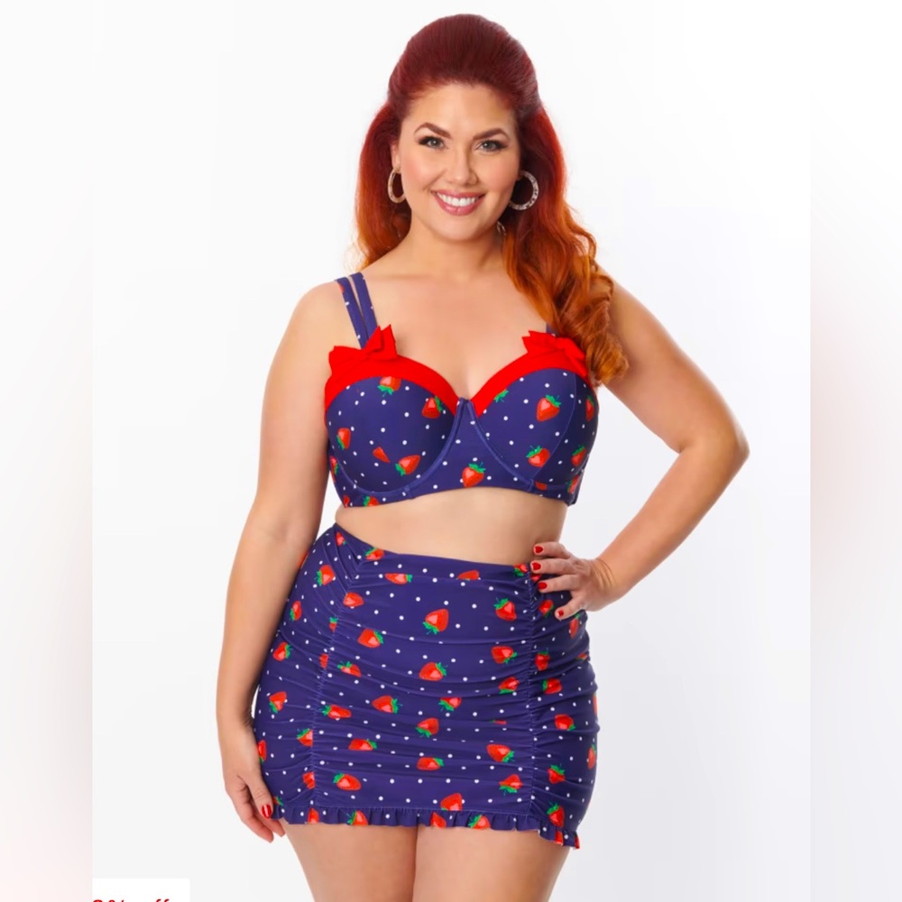 Unique Vintage Strawberry Two piece bikini with swim skirt